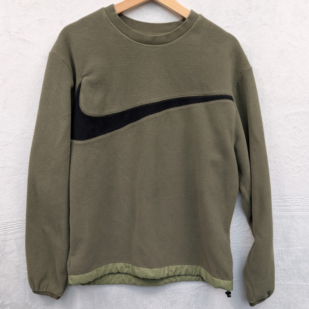 Nike Sweatshirt Men's Medium Olive Green Big Swoosh Fleece Sporty Streetwear